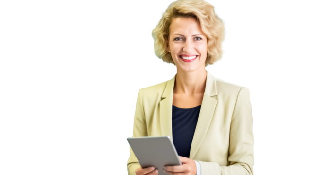 Smiling middle-aged business woman with a tablet on transparent background PNG.