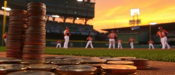 A sunset view of a baseball field with stacks of coins in the foreground, highlighting the financial aspect of sports.