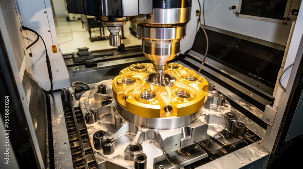 Poster precision cnc machining of rocket engine component illustrating aerospace industry complexity