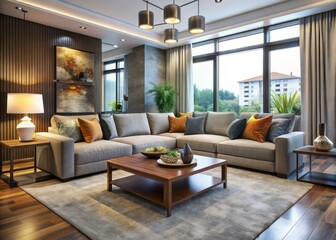 Fototapeta premium A stylish and inviting space, this plush sectional features modern design and comfortable seating, perfect for relaxing