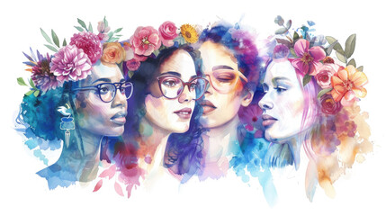Obraz premium This artwork illustrates four women adorned with colorful floral crowns, celebrating beauty and diversity through vibrant watercolor techniques