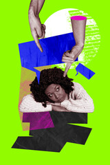 Vertical photo collage of hand point finger american girl racism bullying pressure abuse problem...