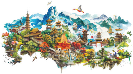 Various ancient temples, lush greenery, and majestic mountains, showcasing a dreamlike Asian landscape