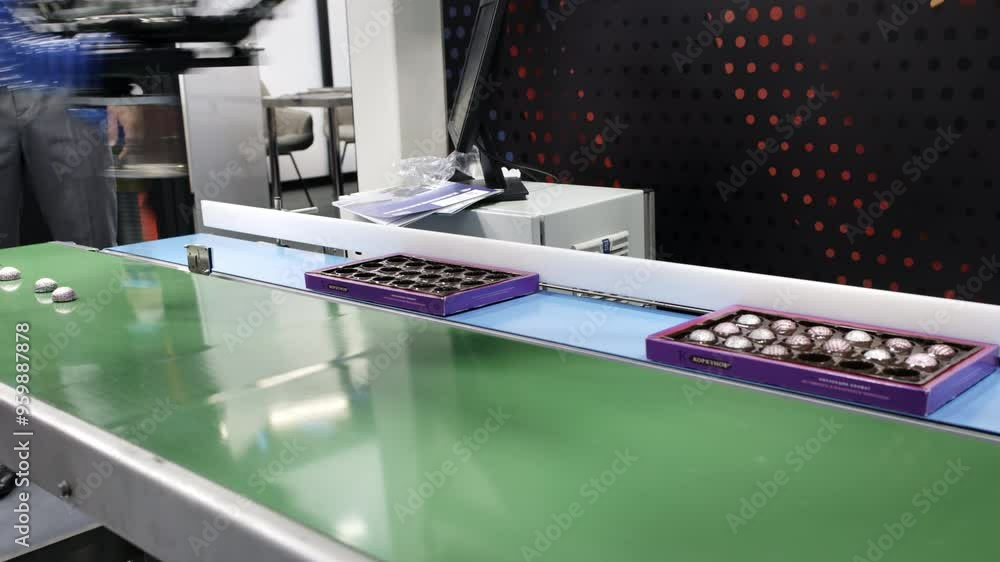Poster an automated conveyor system specifically designed for efficient candy sorting and processing. media