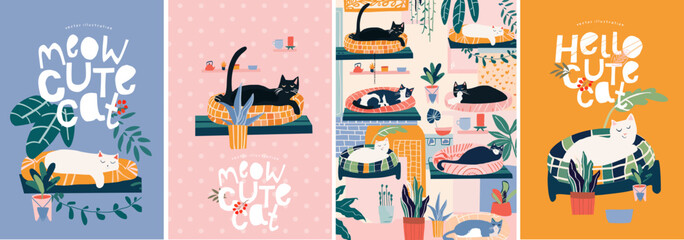 Fototapeta na wymiar Meow. Cute cats. Vector illustrations of domestic pets kittens on a bed in the interior of a cozy living room with plants for a poster, postcard, logo or background