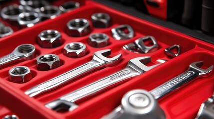 wrench and socket set laid out on a red tool organizer