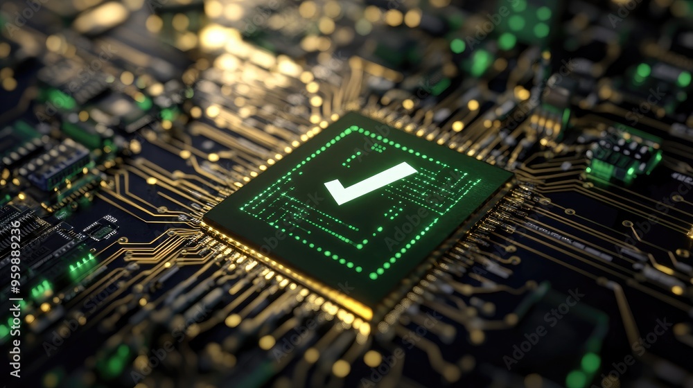 Poster green digital check mark floating above a digital network
