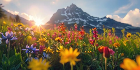 Sunrise over a colorful meadow of wildflowers, with majestic mountains in the distance.