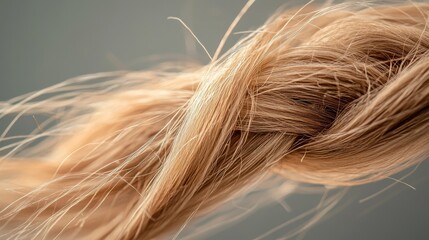 Naklejka premium Tangled hair strands display visible split ends, highlighting hair damage in natural light on a neutral backdrop