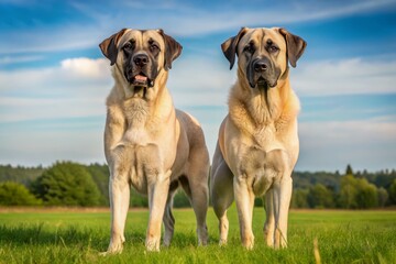 Muscled Kangal dogs proudly stand together in the open field, their alert eyes screaming loyalty and protection.