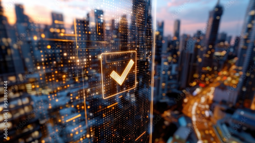 Aufkleber digital check mark on a transparent interface with a blurred cityscape background