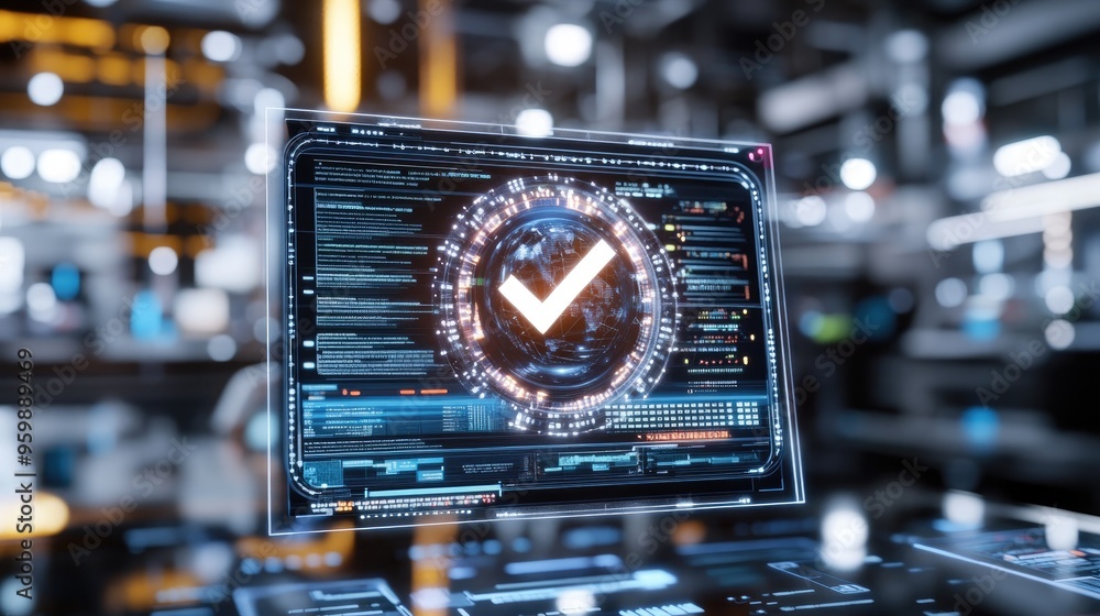 Aufkleber digital check mark on a digital dashboard in a futuristic workspace