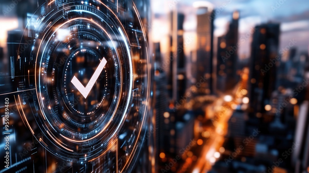 Poster digital check mark on a transparent interface with a blurred cityscape background