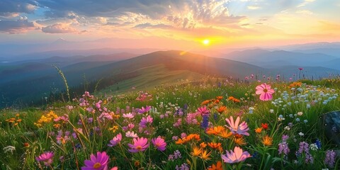Fototapeta premium Sunrise over a colorful meadow of wildflowers, with majestic mountains in the distance.