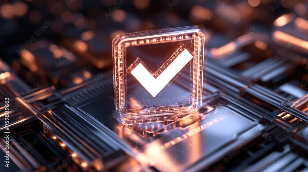 Poster digital check mark glowing with a soft light against a dark background