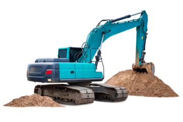 The bright blue excavator operates on a dry site, digging and shifting large piles of dirt, showcasing the power of heavy machinery in action.