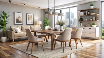 Neutral tones define this modern dining room setting, prioritizing cozy comfort with plush seating and rent-to-own