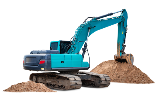 The bright blue excavator operates on a dry site, digging and shifting large piles of dirt, showcasing the power of heavy machinery in action.