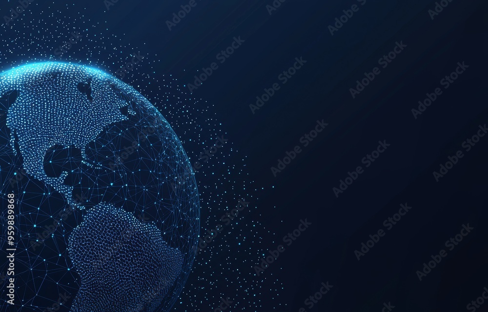 Poster a realistic modern globe with low polygons and glowing dots. wallpaper of the planet earth with tria