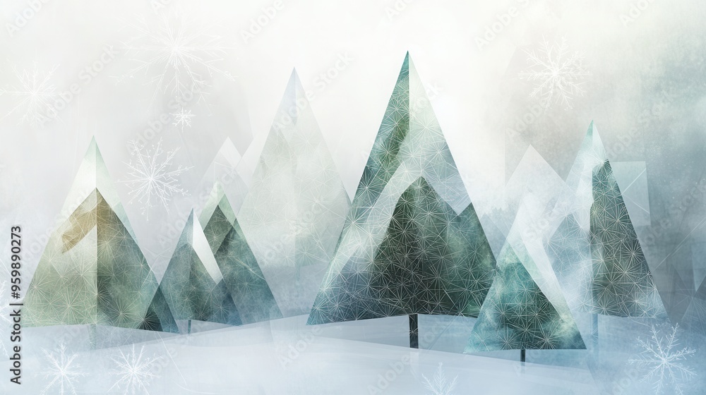 Poster A tranquil winter forest is filled with abstract Christmas trees made from geometric shapes, showcasing varying triangles and colors. Generative AI