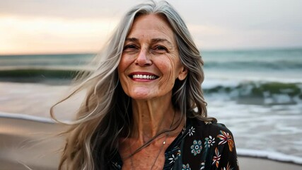 A joyful woman with long gray hair enjoys a sunset by the ocean shore, capturing a moment of happiness and tranquility - Powered by Adobe