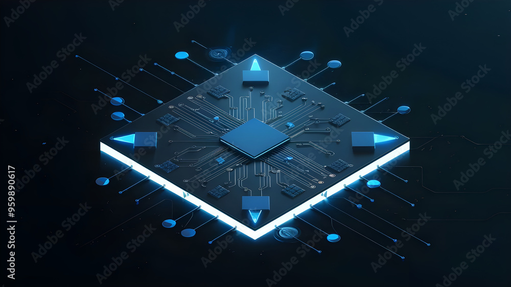 Poster futuristic circuit board with central processor. a captivating image of a complex circuit board, sho