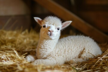 Obraz premium Funny cute newborn baby calf white alpaca on the farm indoors