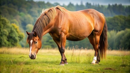 Fototapeta premium Overweight horse standing in a field with its head down