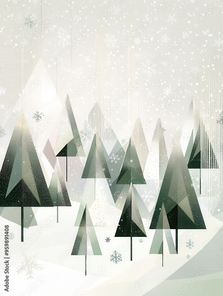 Poster vibrant triangular christmas trees create a whimsical winter forest, adorned with snowflakes under a
