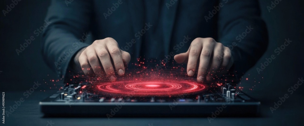 Poster a man is playing a dj set with a red circle on the screen