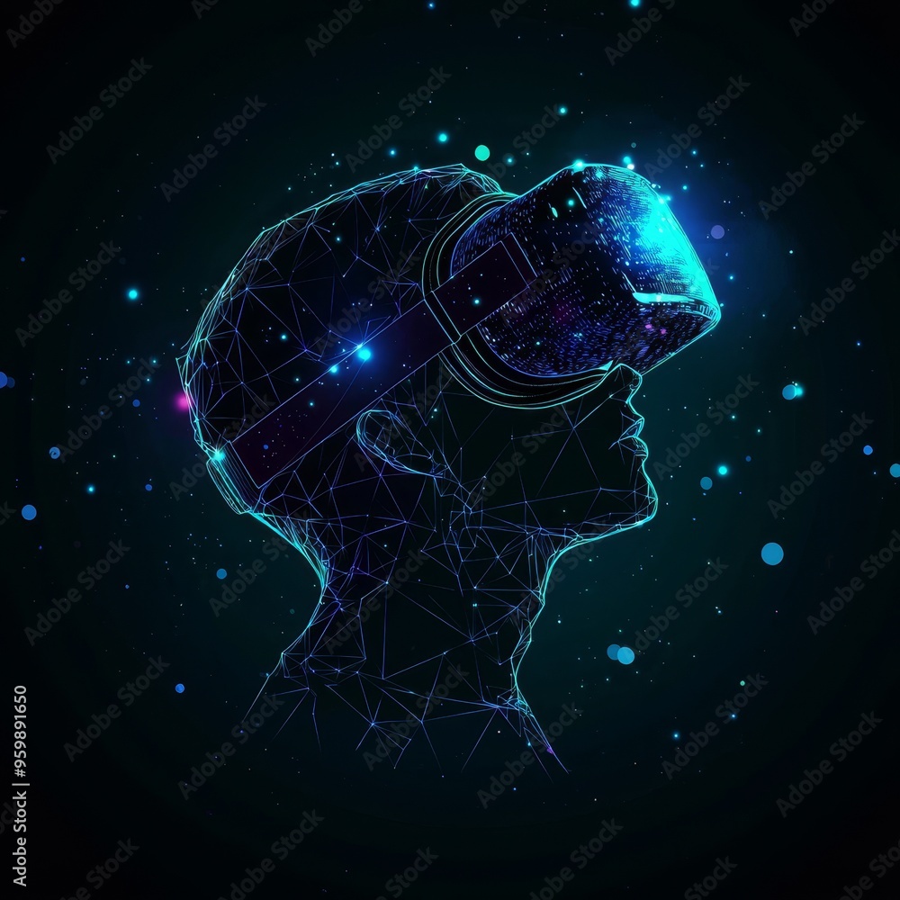 Poster a virtual reality image displaying a starry sky or space with points, lines, and shapes depicting pl