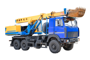 A powerful construction vehicle sits poised for work, featuring a robust mechanical arm designed for lifting and precise operations in an urban setting.
