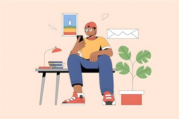Young man sitting on a bench wearing a yellow t-shirt and red sneakers holding a black phone with a desk and potted plant in a light pink room with icons around