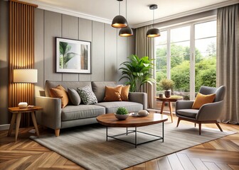 A warm and inviting modern living room features a plush reclining sofa, stylish accent chairs, and a sleek