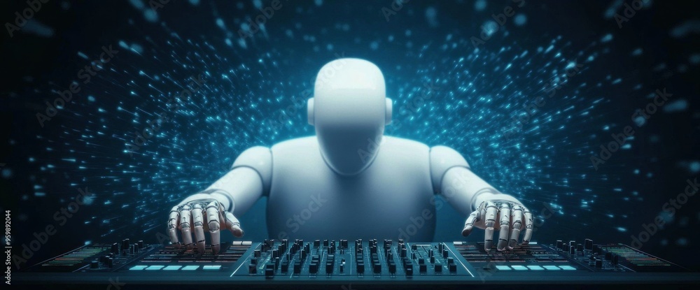 Poster a robot is playing a keyboard in a blue background