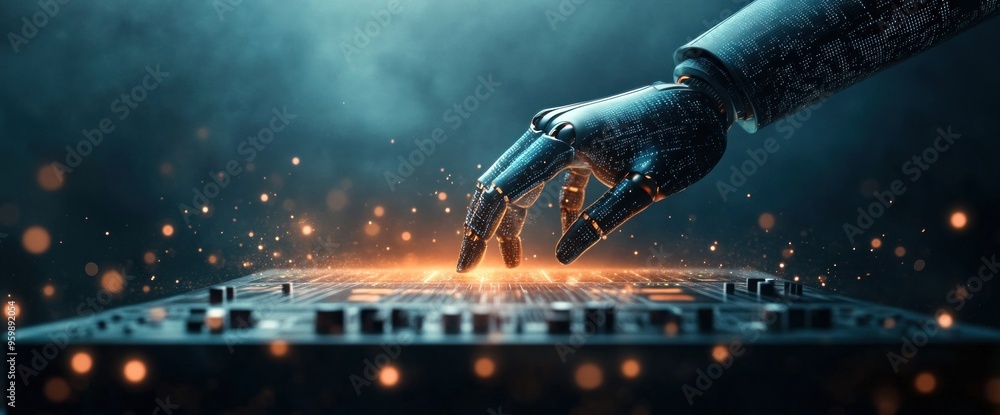 Poster a robotic hand is touching a computer keyboard