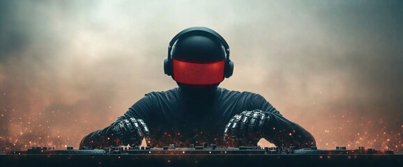 A man wearing a black shirt and black gloves sits in front of a DJ console