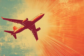 Naklejka premium Vintage worn illustration of passenger airplane in the sky with a retro aesthetic, capturing classic aviation charm, new beautiful stock image AI