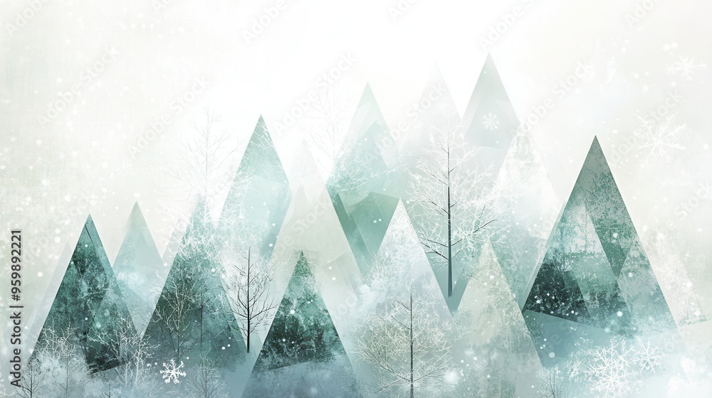 Poster abstract geometric shapes illustrate christmas trees in a serene winter forest, with soft snowflakes