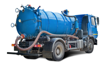 A shining blue vacuum truck stands ready for action, equipped for efficient waste removal and maintenance tasks, highlighting its rugged construction and utility.