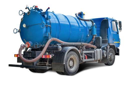 A shining blue vacuum truck stands ready for action, equipped for efficient waste removal and maintenance tasks, highlighting its rugged construction and utility.