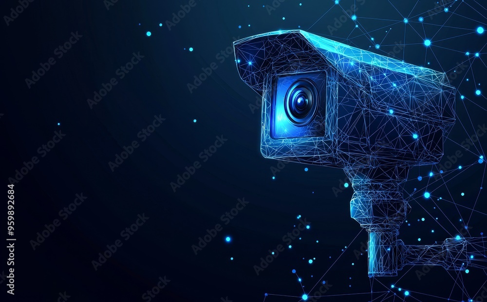 Poster wireframe mesh of a cctv security camera with low polygons on a blue background