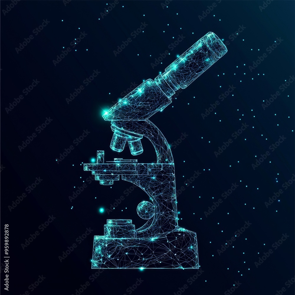 Poster an abstract image of a microscope shaped like a starry sky made up of points, lines, and shapes repr