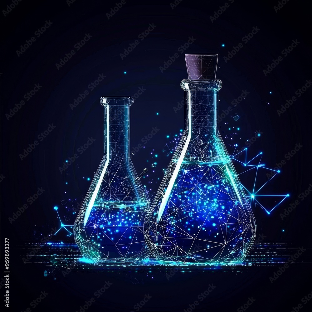 Poster an image of a test tube isolated from a low poly wireframe on a dark background. the image is compos