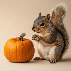 Obraz premium Squirrel sitting next to a small pumpkin on a neutral background