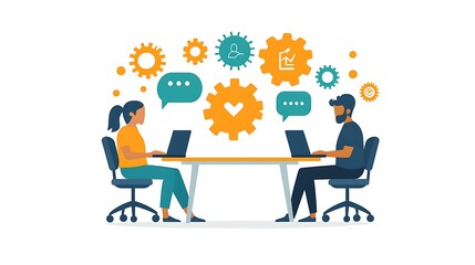 Two colleagues working on laptops at a desk with gears and chat bubbles above them.