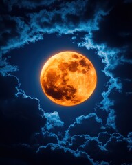 Fototapeta premium A stunning orange moon surrounded by dramatic blue clouds, casting a mystical glow in the night sky.