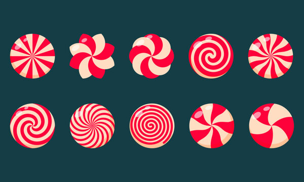 Christmas candy set. Peppermint round candies red and white collection. Assorted striped and swirl caramel without wrapper.