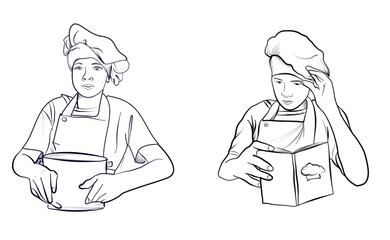 a set of black and white drawings by hand of a young chef in uniform vector