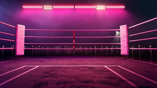 Exciting nighttime boxing match setup in a vibrant pink-lit arena with dramatic lighting effects